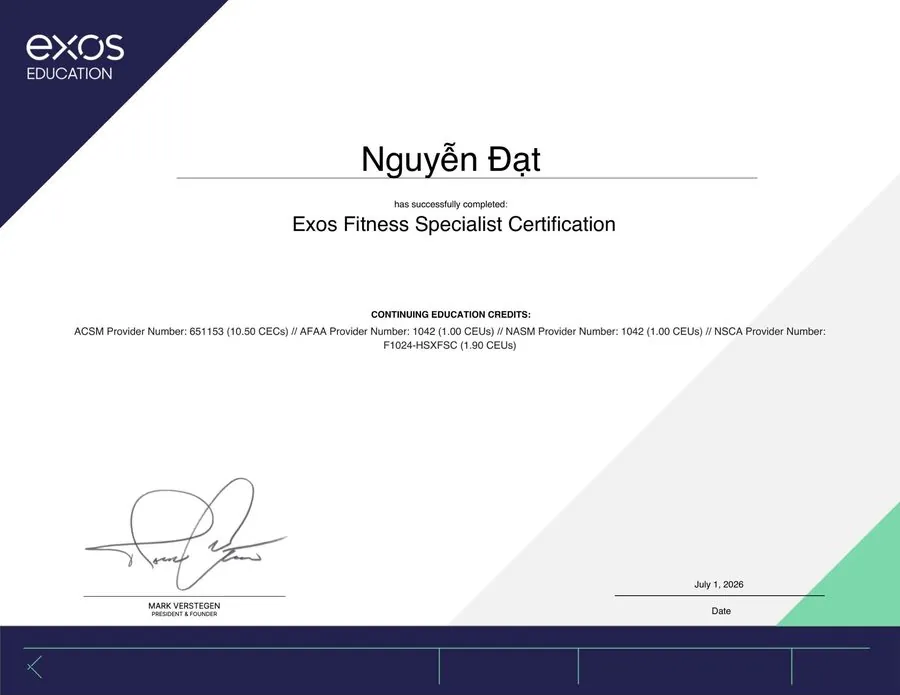 Chứng chỉ EXOS Fitness Specialist Certification